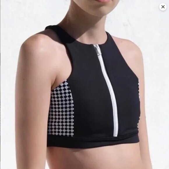 IVL Collective Sport Bra Black White Checkered Front Zip Women's 6 Workout - Picture 5 of 12